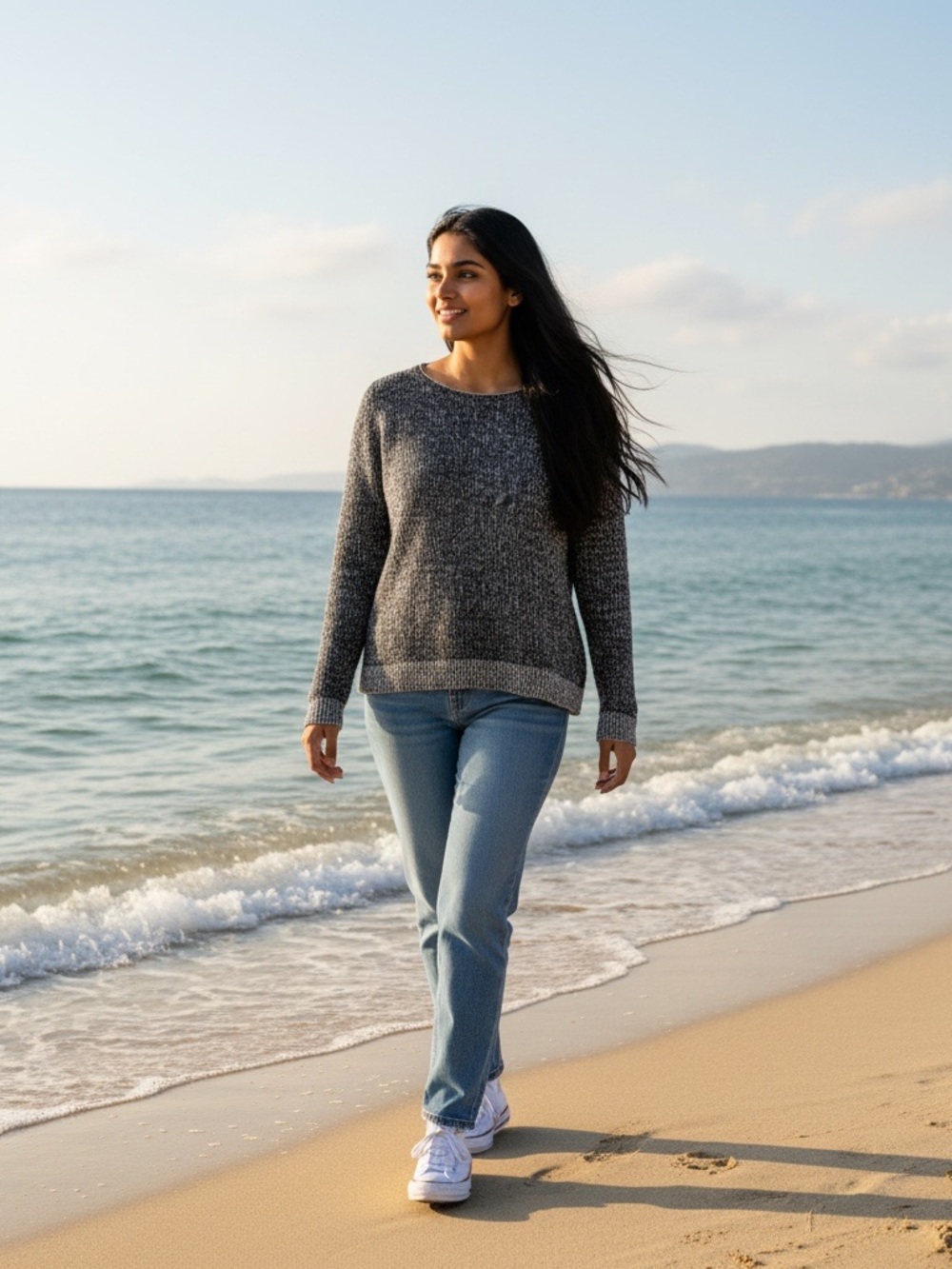 Eileen Fisher Charcoal Marled Knit Sweater - Gray - medium - beach sweater